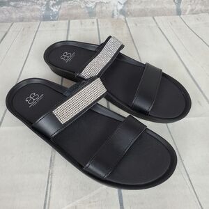 Andrew Stevens Leather Slides Crystal Embellished Black Size 40 Italy